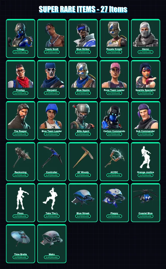 [PS4/PS5/XBOX/PC] | Trilogy | Travis Scott | Blue Striker | Royale Knight | Havoc | 152 skin | 142 pickaxe | 121 emote | 129 glider | Lv1665