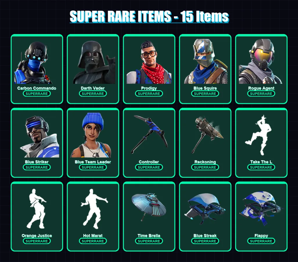 [PC/XBOX] | Carbon Commando | Darth Vader | Prodigy | Blue Squire | Rogue Agent | 201 skin | 164 pickaxe | 144 emote | 135 glider | Lv2153