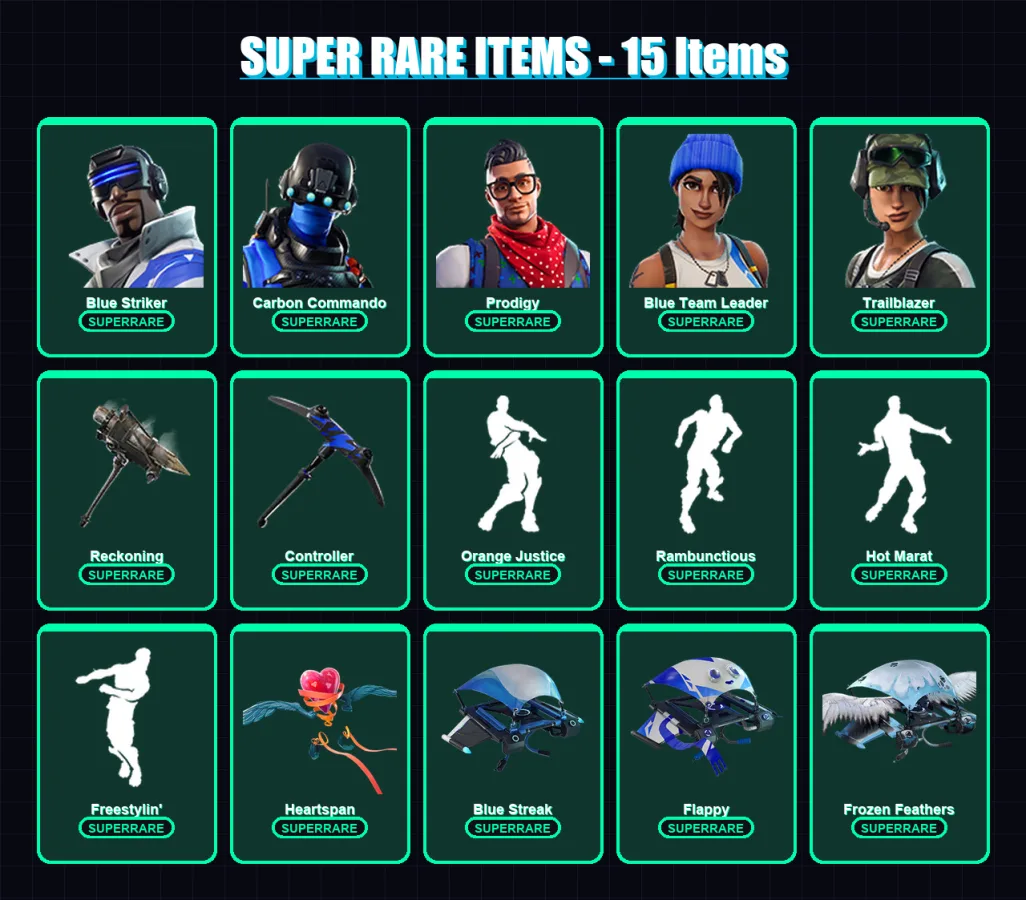 [PC/XBOX/PSN] | Blue Striker | Carbon Commando | Prodigy | Blue Team Leader | Trailblazer | 110 skin | 102 pickaxe | 100 emote | 112 glider | Lv1819
