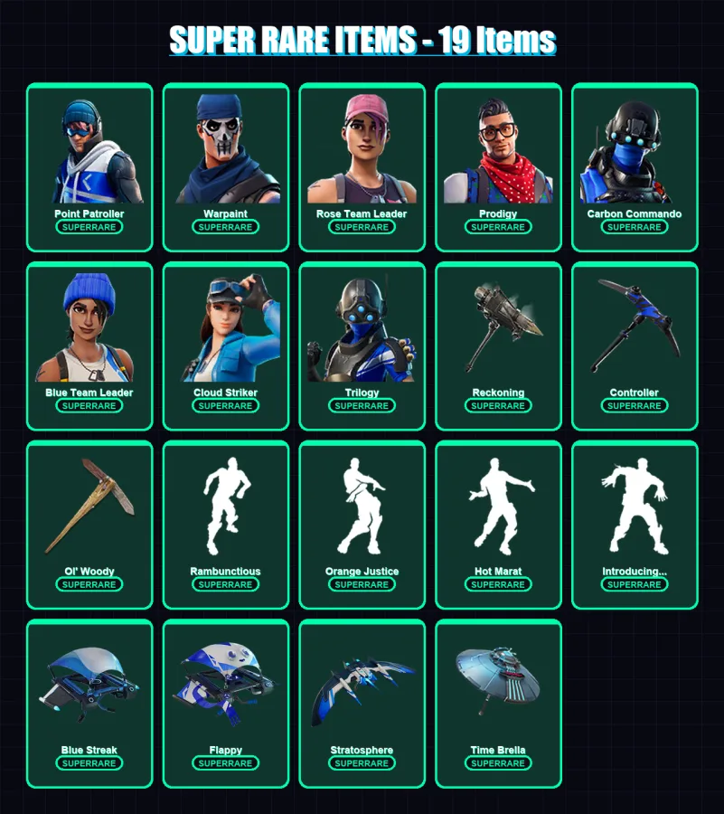 [PS4/PS5/XBOX/PC] | Point Patroller | Warpaint | Rose Team Leader | Prodigy | Carbon Commando | 105 skin | 93 pickaxe | 91 emote | 101 glider | Lv13