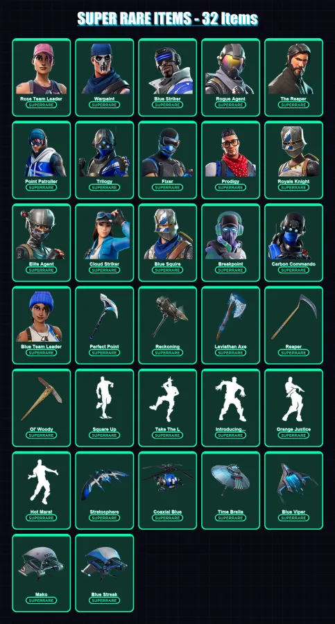 [PC/XBOX/PSN] | Rose Team Leader | Warpaint | Blue Striker | Rogue Agent | The Reaper | 219 skin | 222 pickaxe | 172 emote | 194 glider | Lv3291