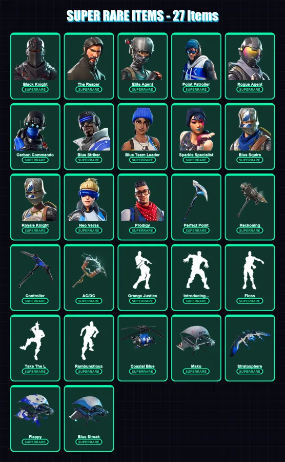 [PS4/PS5/XBOX/PC] | Black Knight | The Reaper | Elite Agent | Point Patroller | Rogue Agent | 41 skin | 37 pickaxe | 48 emote | 53 glider | Lv723