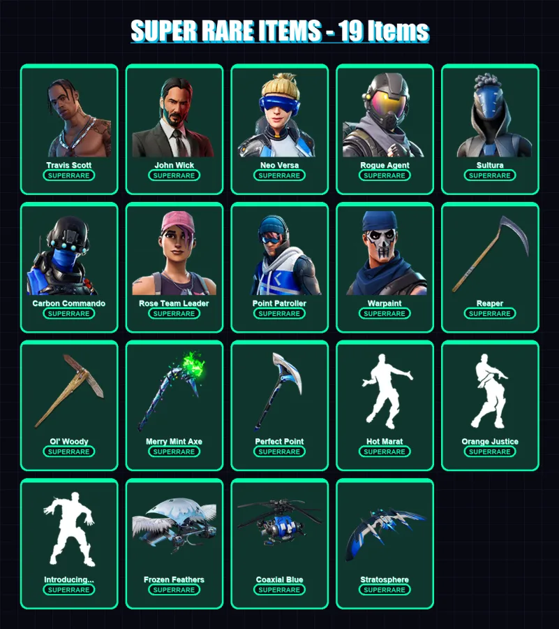 [PS4/PS5/XBOX/PC] | Travis Scott | John Wick | Neo Versa | Rogue Agent | Sultura | 141 skin | 113 pickaxe | 117 emote | 92 glider | Lv1214