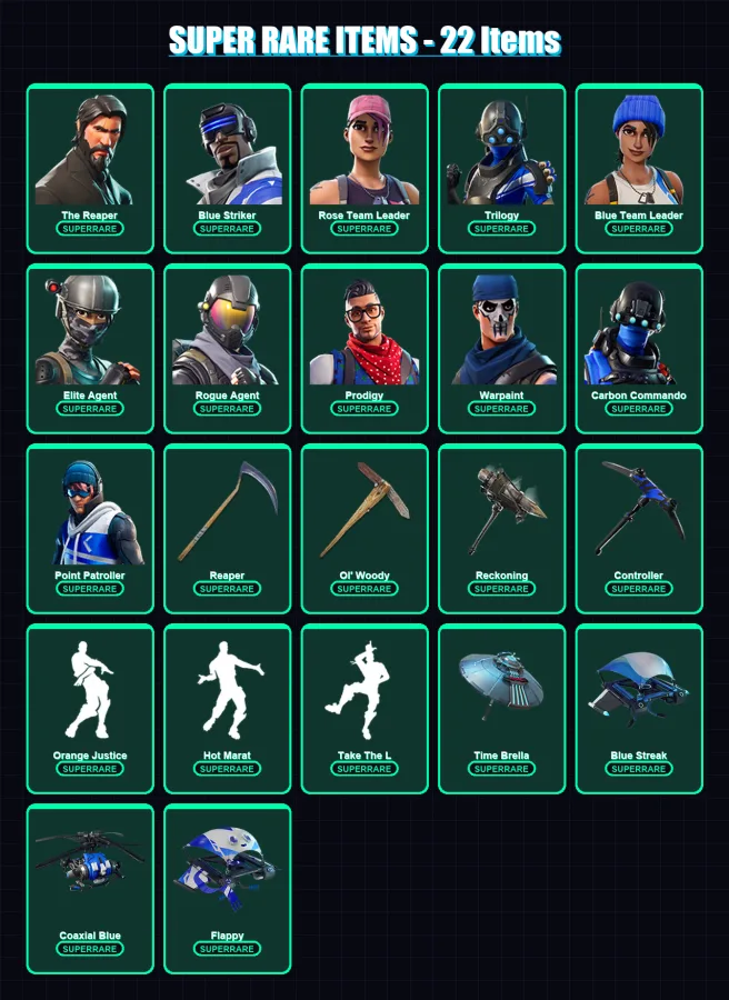 [PS4/PS5/XBOX/PC] | The Reaper | Blue Striker | Rose Team Leader | Trilogy | Blue Team Leader | 107 skin | 86 pickaxe | 107 emote | 95 glider | Lv14