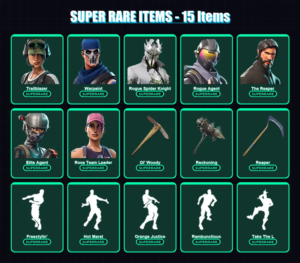 [PC/PSN] | Trailblazer | Warpaint | Rogue Spider Knight | Rogue Agent | The Reaper | 62 skin | 54 pickaxe | 65 emote | 53 glider | Lv645