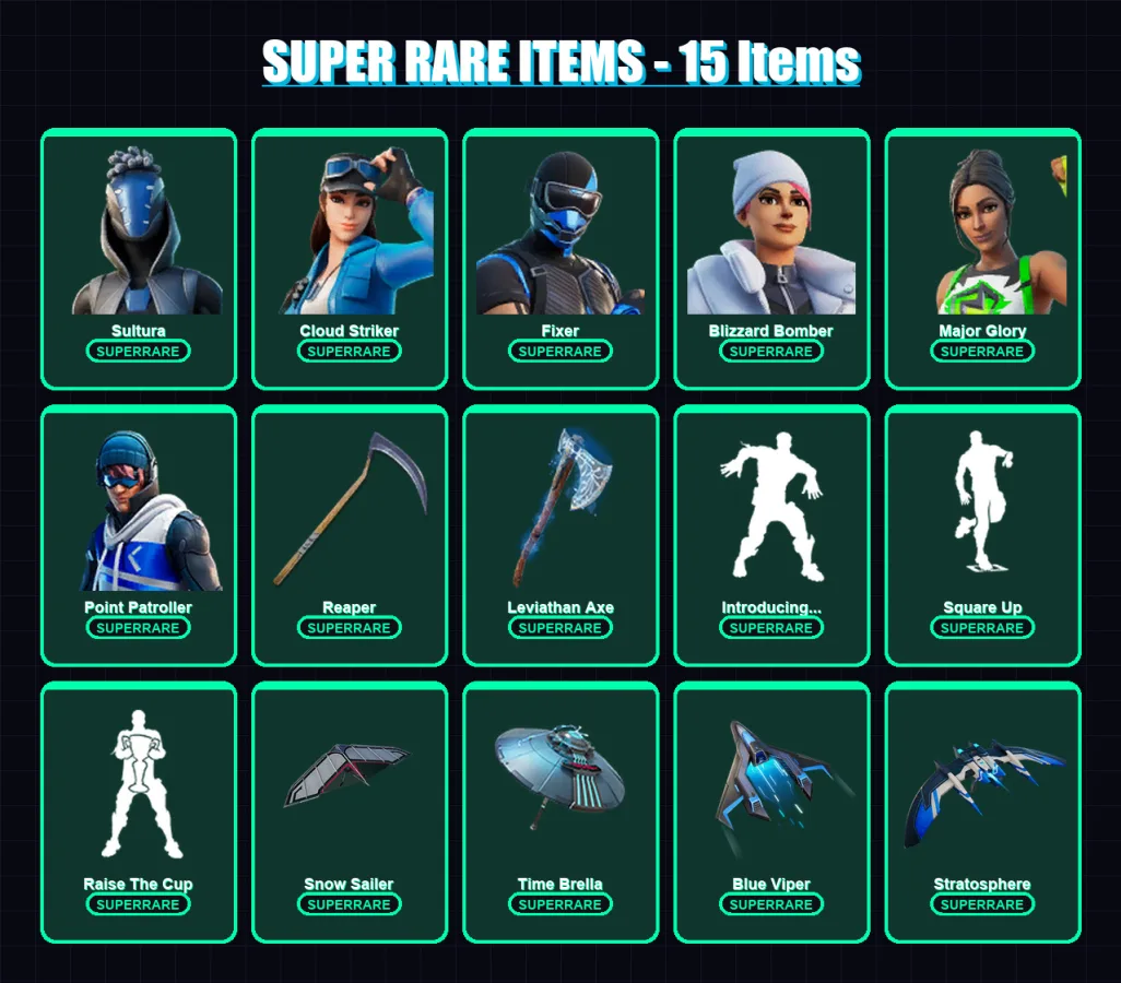 [PC/XBOX] | Sultura | Cloud Striker | Fixer | Blizzard Bomber | Major Glory | 176 skin | 205 pickaxe | 187 emote | 167 glider | Lv3364