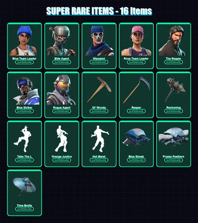 [PC] | Blue Team Leader | Elite Agent | Warpaint | Rose Team Leader | The Reaper | 168 skin | 165 pickaxe | 161 emote | 161 glider | Lv2204