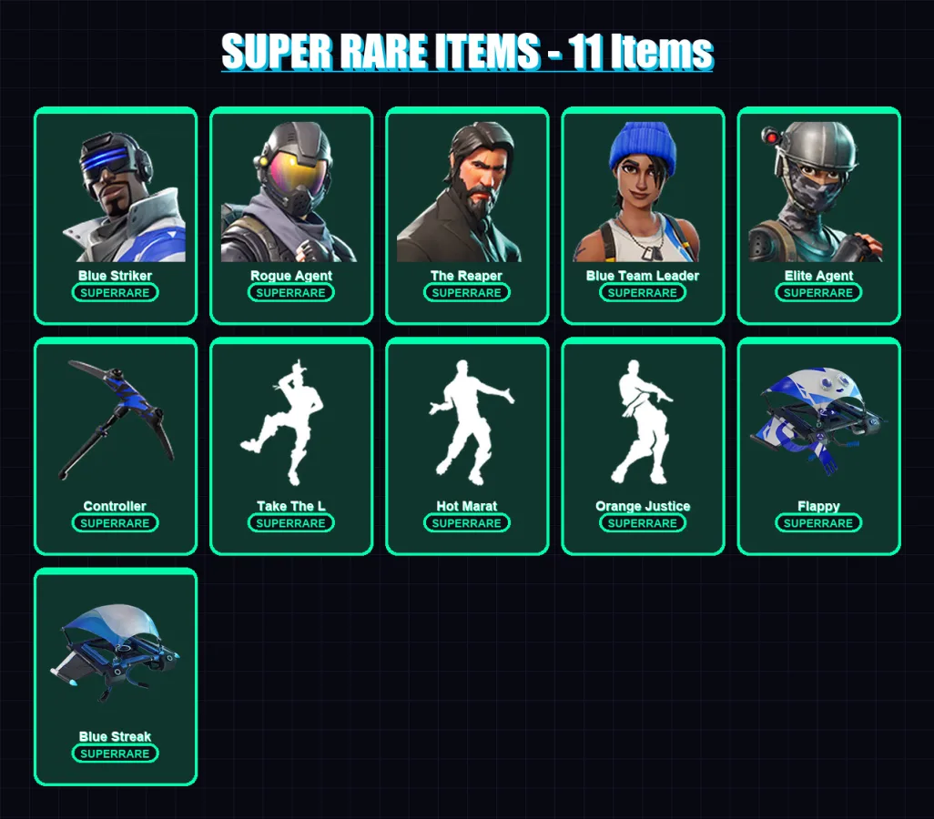 [PC/XBOX/PSN] | Blue Striker | Rogue Agent | The Reaper | Blue Team Leader | Elite Agent | 20 skin | 14 pickaxe | 22 emote | 18 glider | Lv320