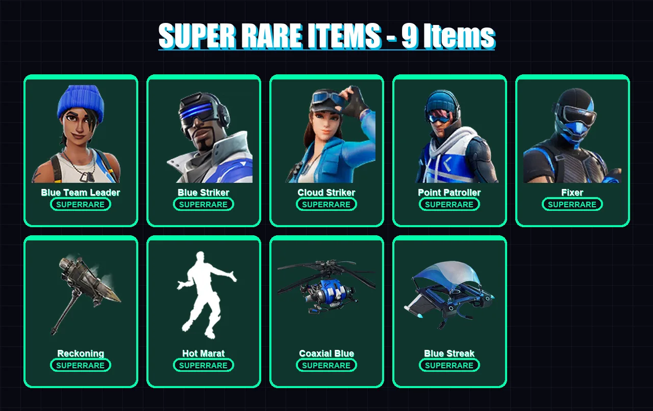[PS4/PS5/XBOX/PC] | Blue Team Leader | Blue Striker | Cloud Striker | Point Patroller | Fixer | 36 skin | 43 pickaxe | 46 emote | 55 glider | Lv810