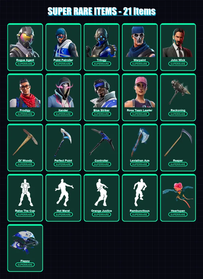 [PC/XBOX/PSN] | Rogue Agent | Point Patroller | Trilogy | Warpaint | John Wick | 197 skin | 255 pickaxe | 171 emote | 156 glider | Lv3338