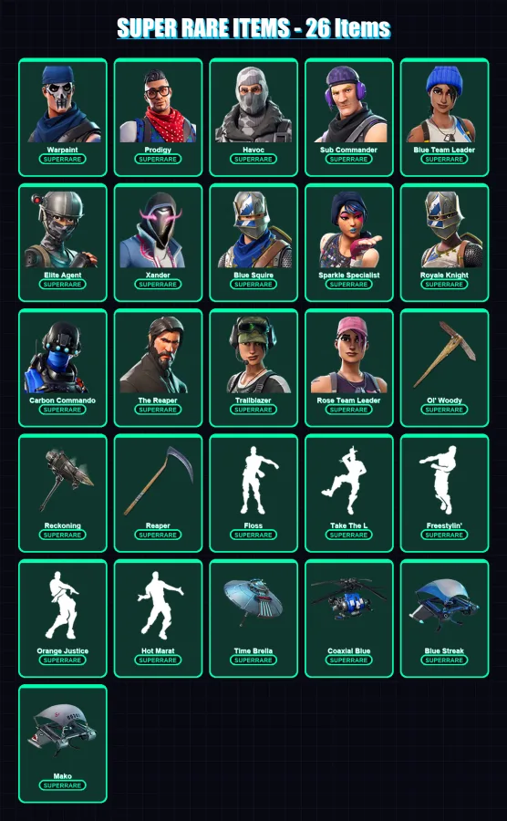[PC/XBOX/PSN] | Warpaint | Prodigy | Havoc | Renegade Raider (OG) | Sub Commander | 268 skin | 226 pickaxe | 187 emote | 173 glider | Lv2085