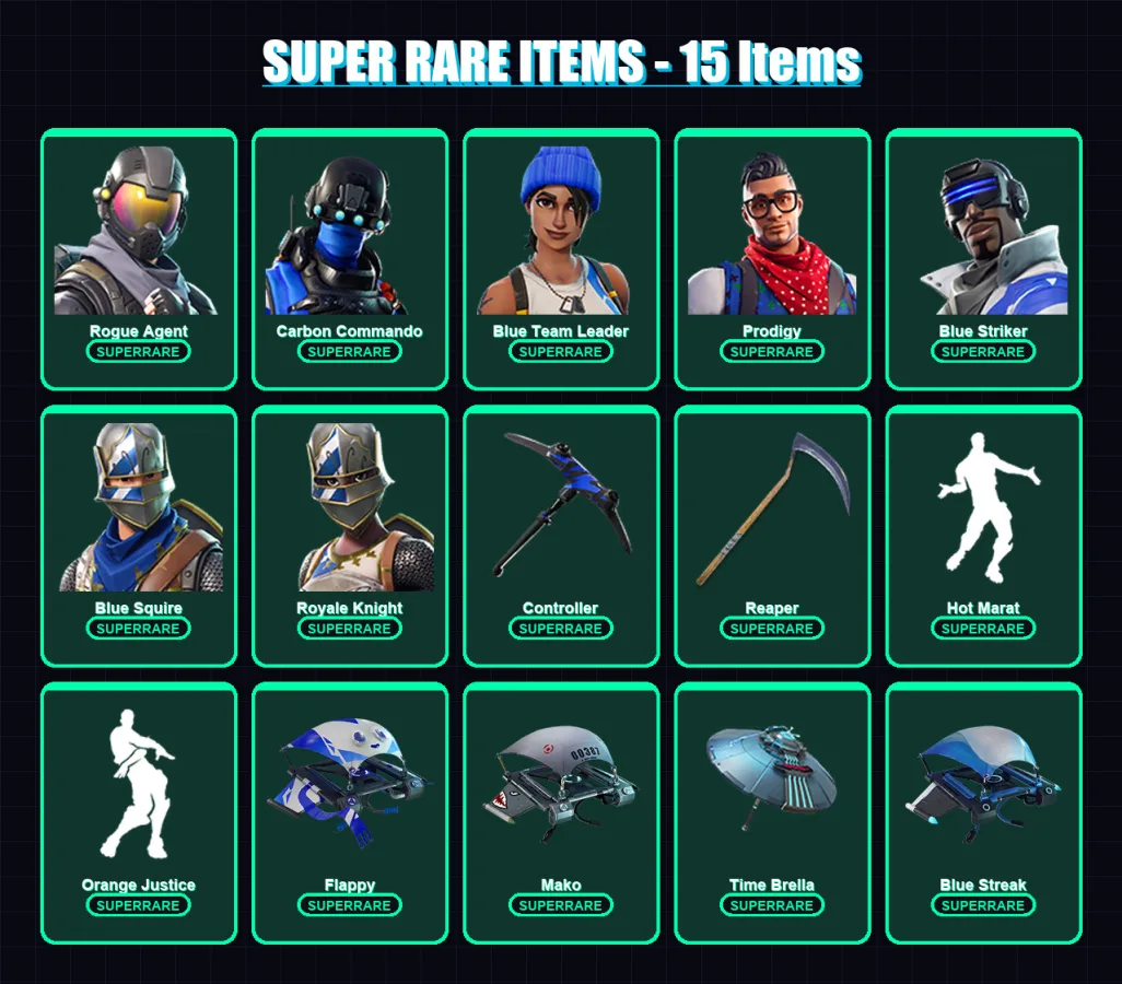 [PS4/PS5/XBOX/PC] | Rogue Agent | Carbon Commando | Blue Team Leader | Prodigy | Blue Striker | 34 skin | 46 pickaxe | 44 emote | 53 glider | Lv764