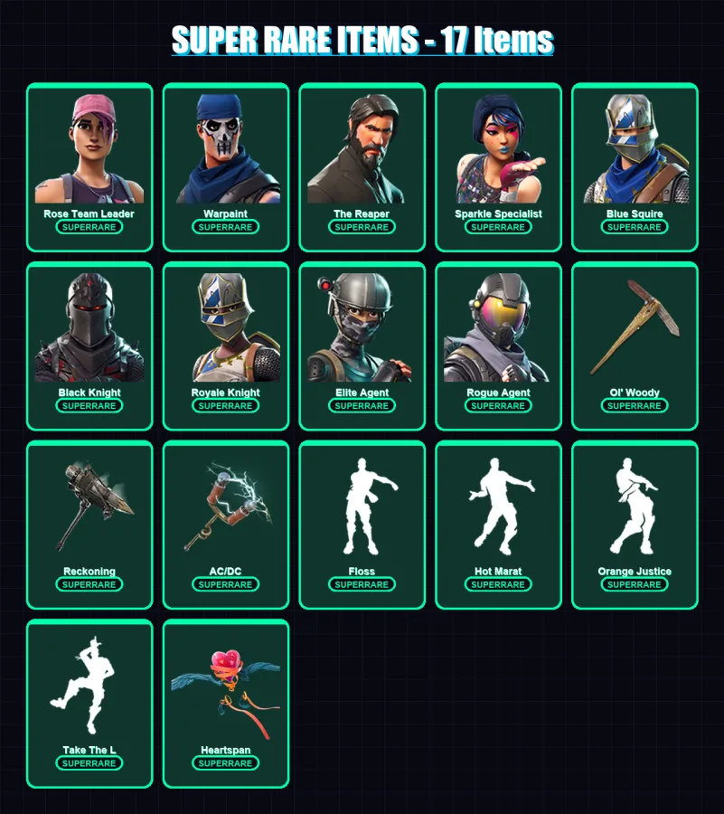 [PC/PSN] | Rose Team Leader | Warpaint | The Reaper | Sparkle Specialist | Blue Squire | 88 skin | 52 pickaxe | 78 emote | 58 glider | Lv839