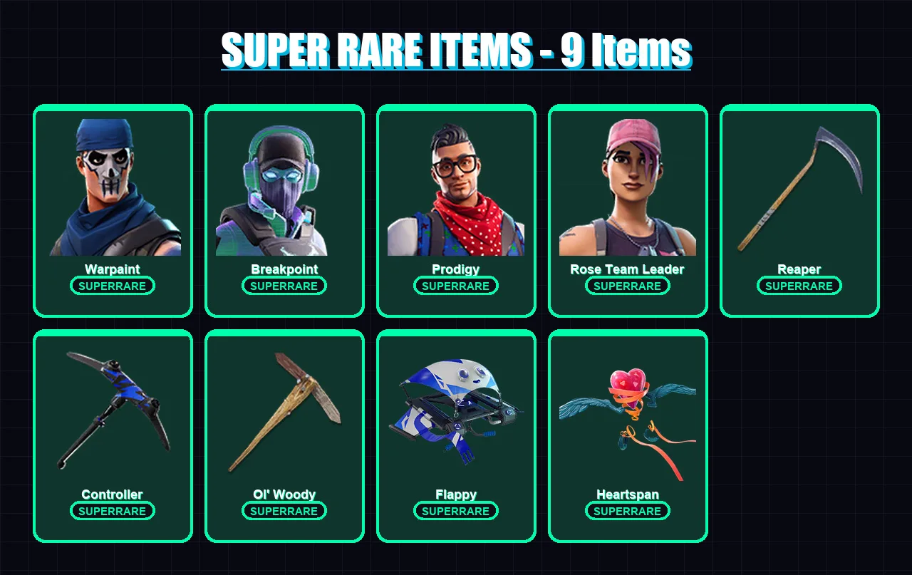 [PC/XBOX] | Warpaint | Breakpoint | Prodigy | Rose Team Leader | Blackheart | 66 skin | 65 pickaxe | 86 emote | 68 glider | Lv965