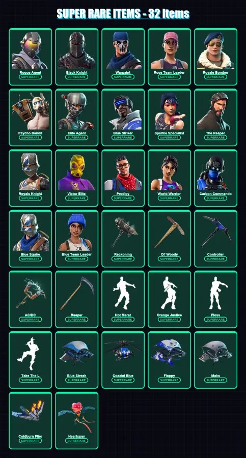 [PC] | Rogue Agent | Black Knight | Warpaint | Rose Team Leader | Royale Bomber | 387 skin | 315 pickaxe | 242 emote | 225 glider | Lv3080