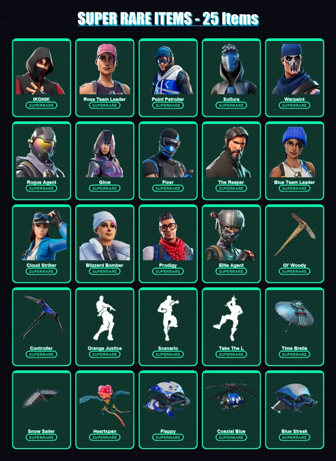 [PS4/PS5/XBOX/PC] | IKONIK | Rose Team Leader | Point Patroller | Sultura | Warpaint | 71 skin | 80 pickaxe | 86 emote | 88 glider | Lv1098