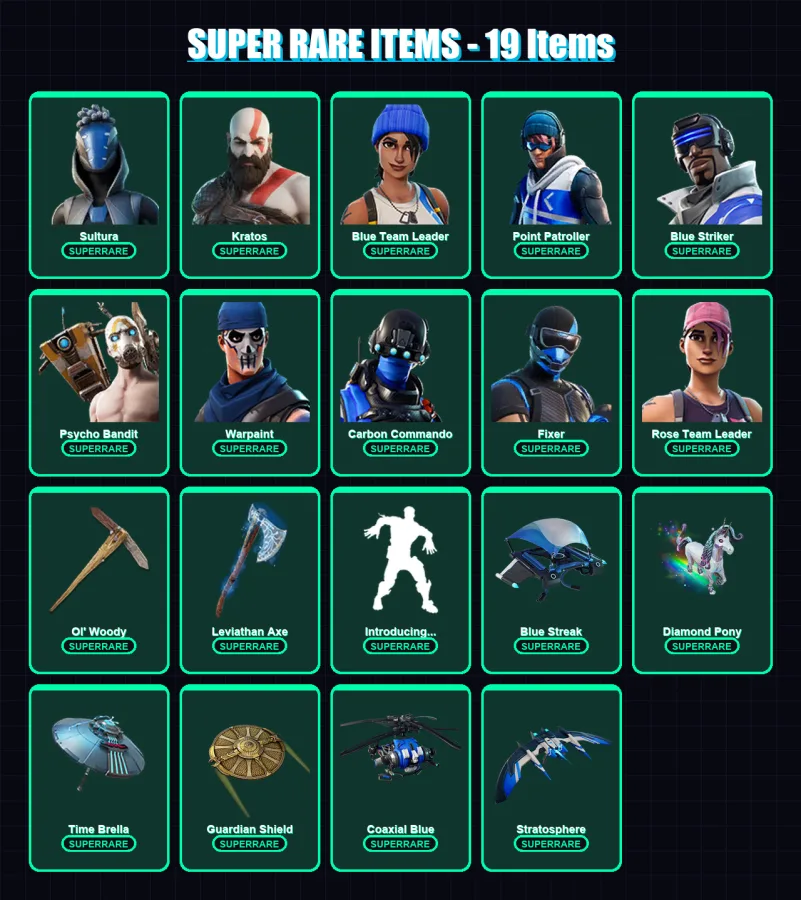 [PC/XBOX] | Sultura | Kratos | Blue Team Leader | Point Patroller | Blue Striker | 76 skin | 92 pickaxe | 44 emote | 90 glider | Lv891
