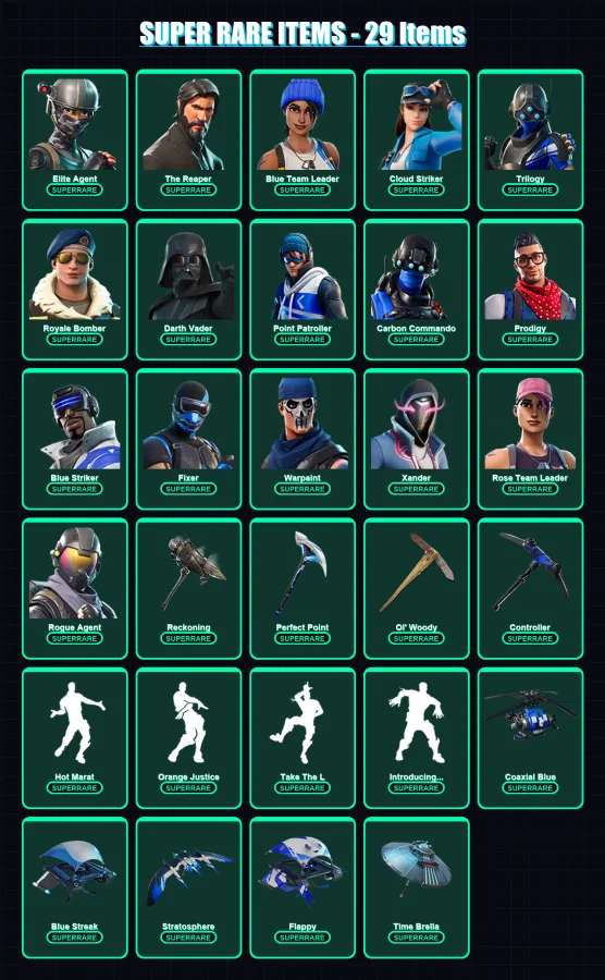 [PS4/PS5/XBOX/PC] | Elite Agent | The Reaper | Blue Team Leader | Cloud Striker | Trilogy | 208 skin | 184 pickaxe | 161 emote | 177 glider | Lv2288