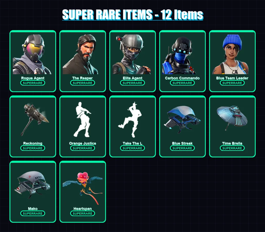[PS4/PS5/XBOX/PC] | Rogue Agent | The Reaper | Elite Agent | Carbon Commando | Blue Team Leader | 52 skin | 61 pickaxe | 58 emote | 77 glider | Lv10