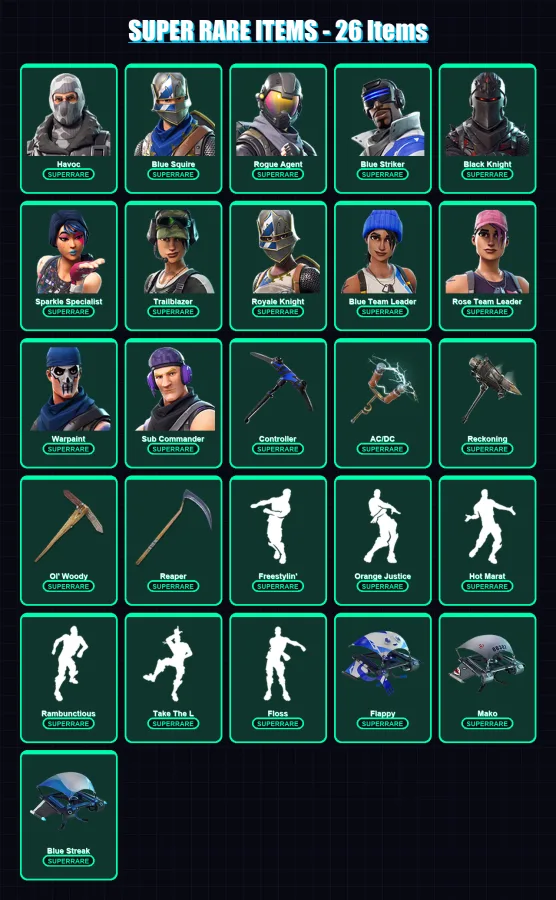 [PS4/PS5/XBOX/PC] | Havoc | Blue Squire | Rogue Agent | Blue Striker | Black Knight | 50 skin | 38 pickaxe | 64 emote | 43 glider | Lv504