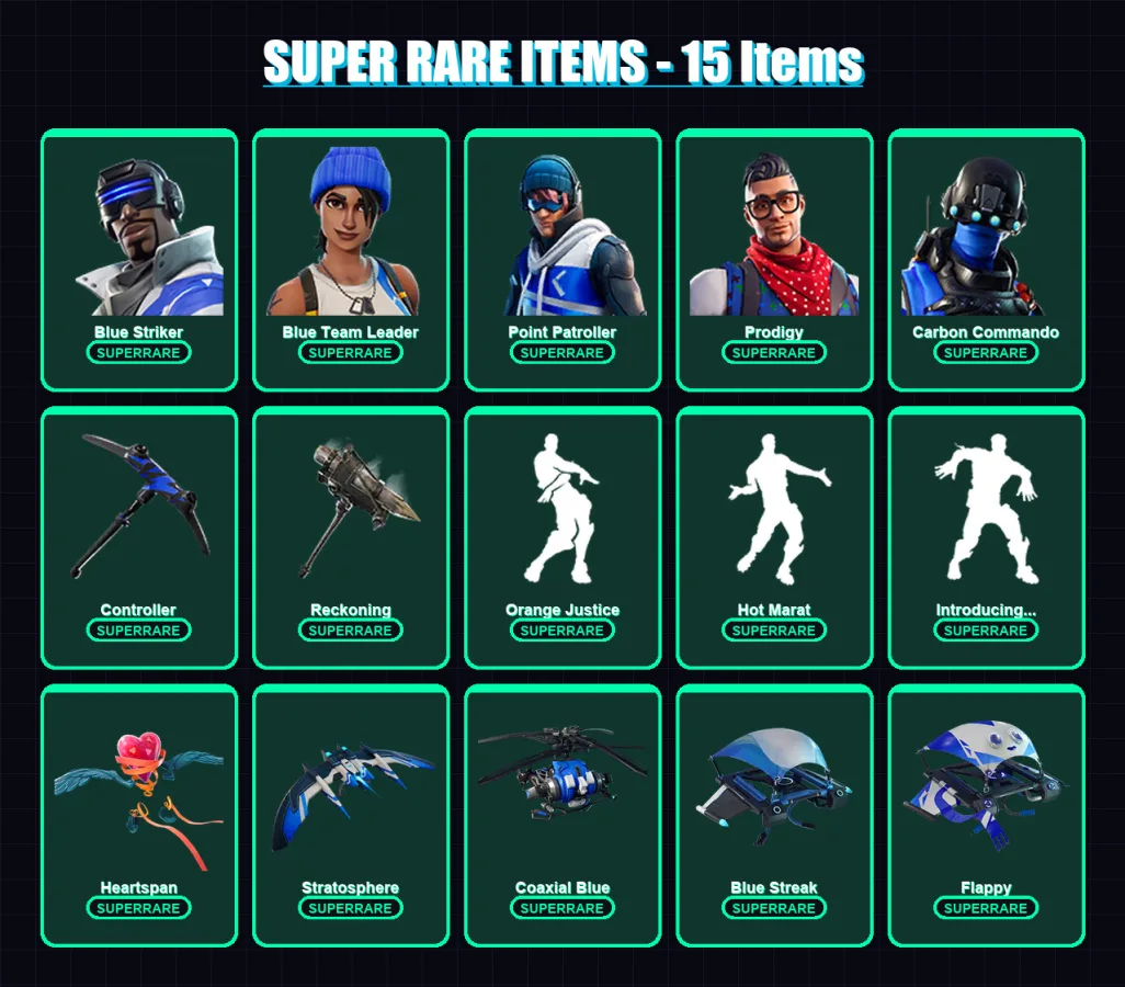 [PC/XBOX/PSN] | Blue Striker | Blue Team Leader | Point Patroller | Prodigy | Carbon Commando | 45 skin | 36 pickaxe | 60 emote | 43 glider | Lv624