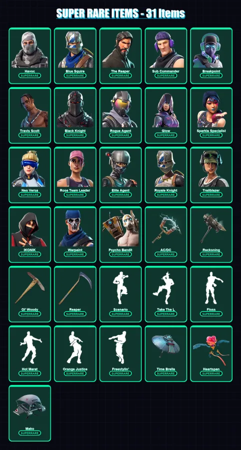 [PC/XBOX] | Havoc | Blue Squire | The Reaper | Sub Commander | Breakpoint | 291 skin | 271 pickaxe | 201 emote | 212 glider | Lv3284