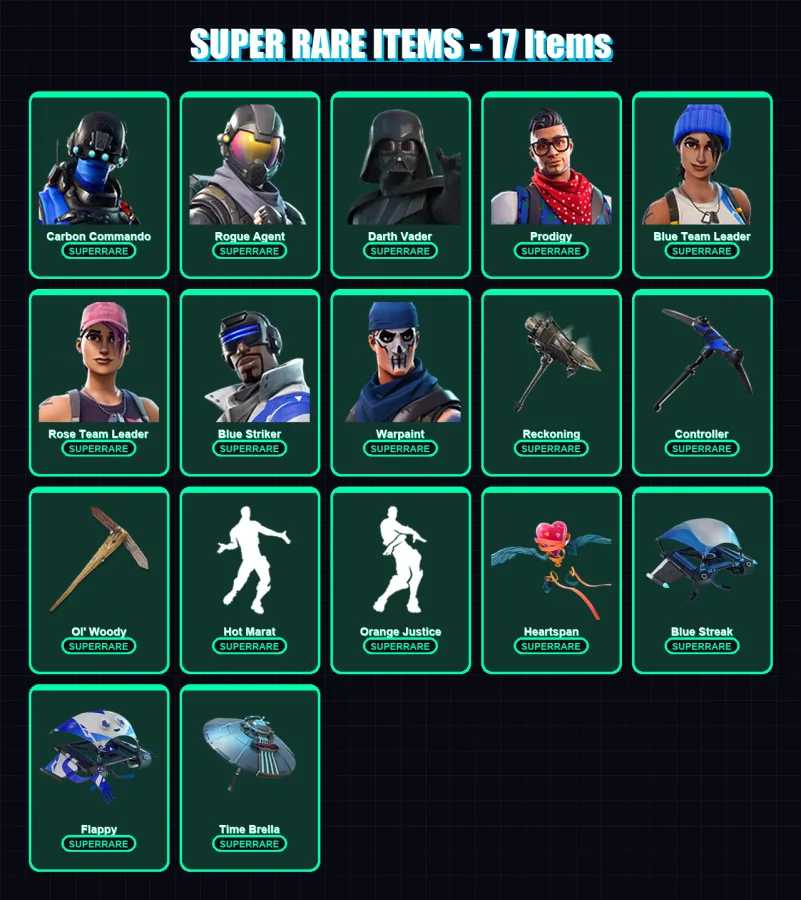 [PC/XBOX] | Carbon Commando | Rogue Agent | Darth Vader | Prodigy | Blue Team Leader | 124 skin | 139 pickaxe | 122 emote | 117 glider | Lv1544