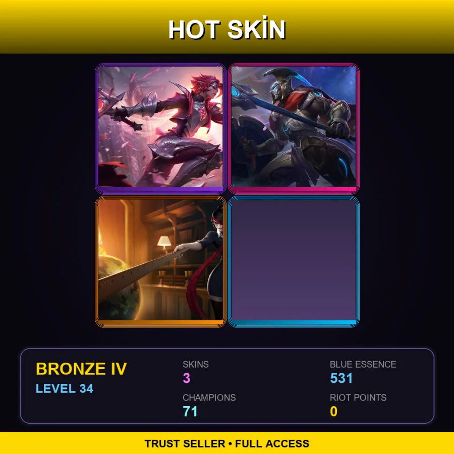 EUW | Lv34 | Bronze IV | 3 Skin | 71 Champ — LoL account