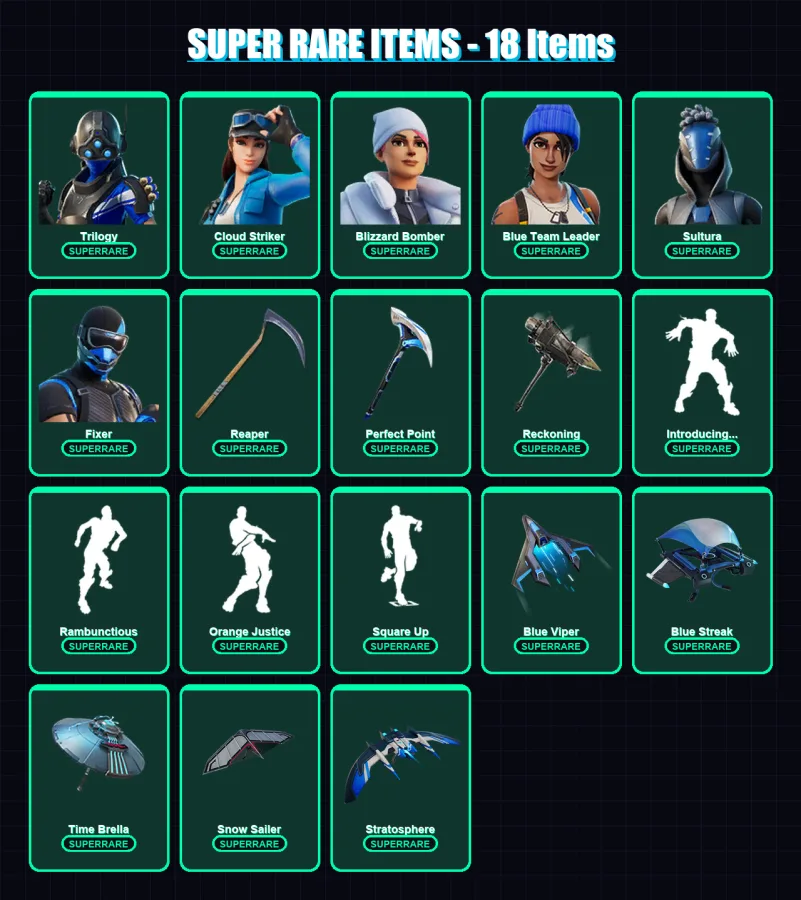 [PC/XBOX] | Trilogy | Cloud Striker | Blizzard Bomber | Blue Team Leader | Sultura | 81 skin | 88 pickaxe | 79 emote | 90 glider | Lv1140