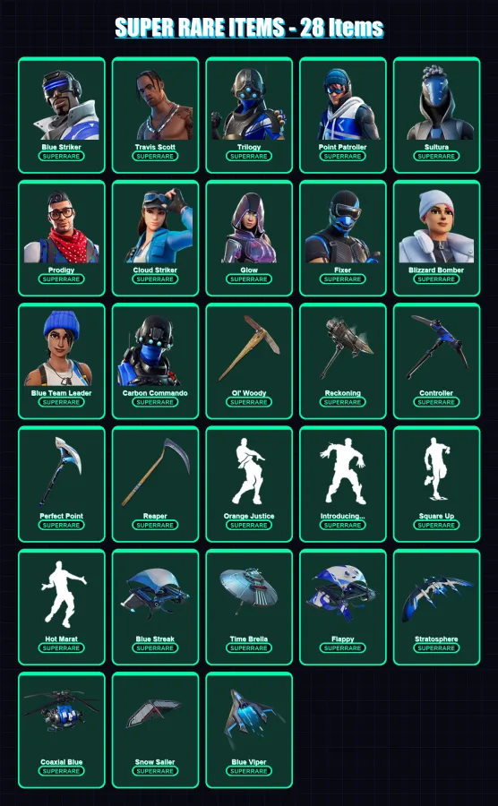 [PS4/PS5/PC] | Blue Striker | Travis Scott | Trilogy | Point Patroller | Sultura | 216 skin | 181 pickaxe | 166 emote | 152 glider | Lv2103