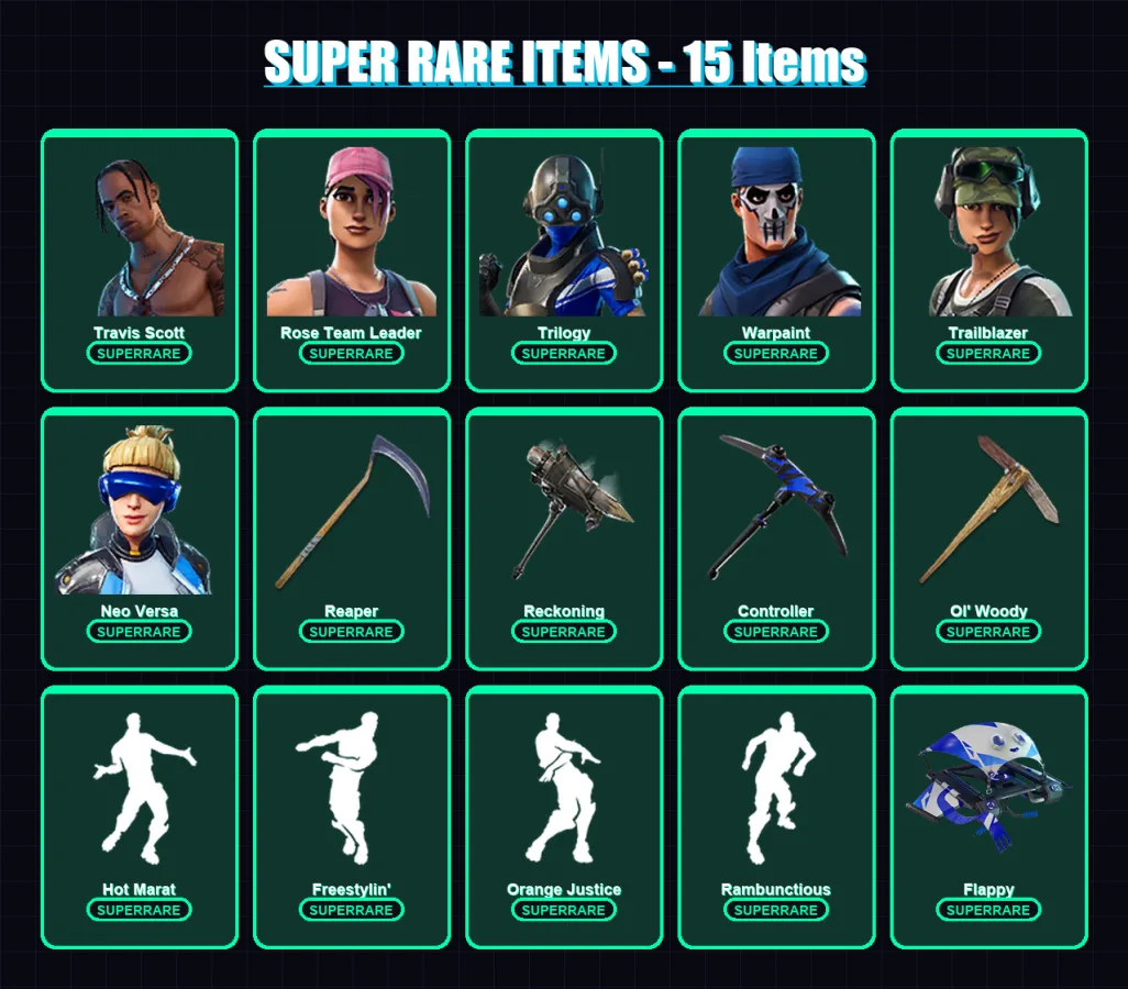 [PS4/PS5/XBOX/PC] | Travis Scott | Rose Team Leader | Trilogy | Warpaint | Trailblazer | 165 skin | 130 pickaxe | 117 emote | 107 glider | Lv1837