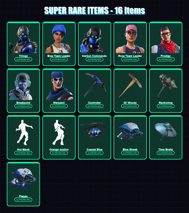 [PC] | Trilogy | Blue Team Leader | Carbon Commando | Rose Team Leader | Prodigy | 137 skin | 111 pickaxe | 137 emote | 109 glider | Lv1571