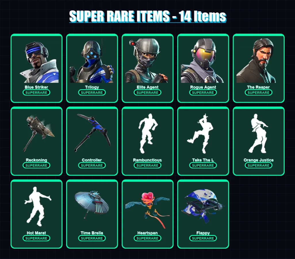 [PS4/PS5/XBOX/PC] | Blue Striker | Trilogy | Elite Agent | Rogue Agent | The Reaper | 56 skin | 41 pickaxe | 61 emote | 47 glider | Lv721 — Fortnite account