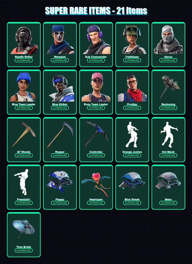 [PC/XBOX/PSN] | Stealth Reflex | Warpaint | Sub Commander | Trailblazer | Havoc | 65 skin | 84 pickaxe | 82 emote | 95 glider | Lv1357