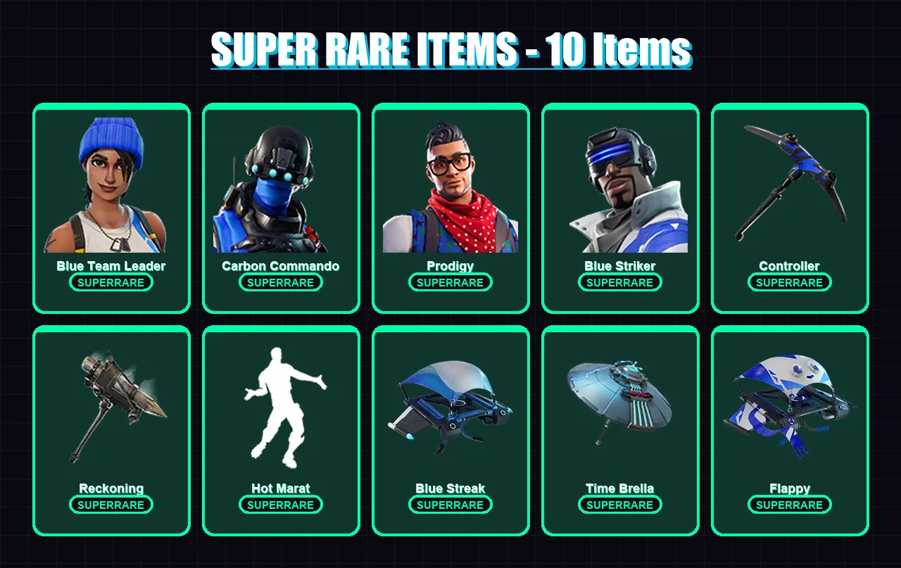 [PC] | Blue Team Leader | Carbon Commando | Prodigy | Blue Striker | Calamity | 16 skin | 21 pickaxe | 22 emote | 30 glider | Lv446