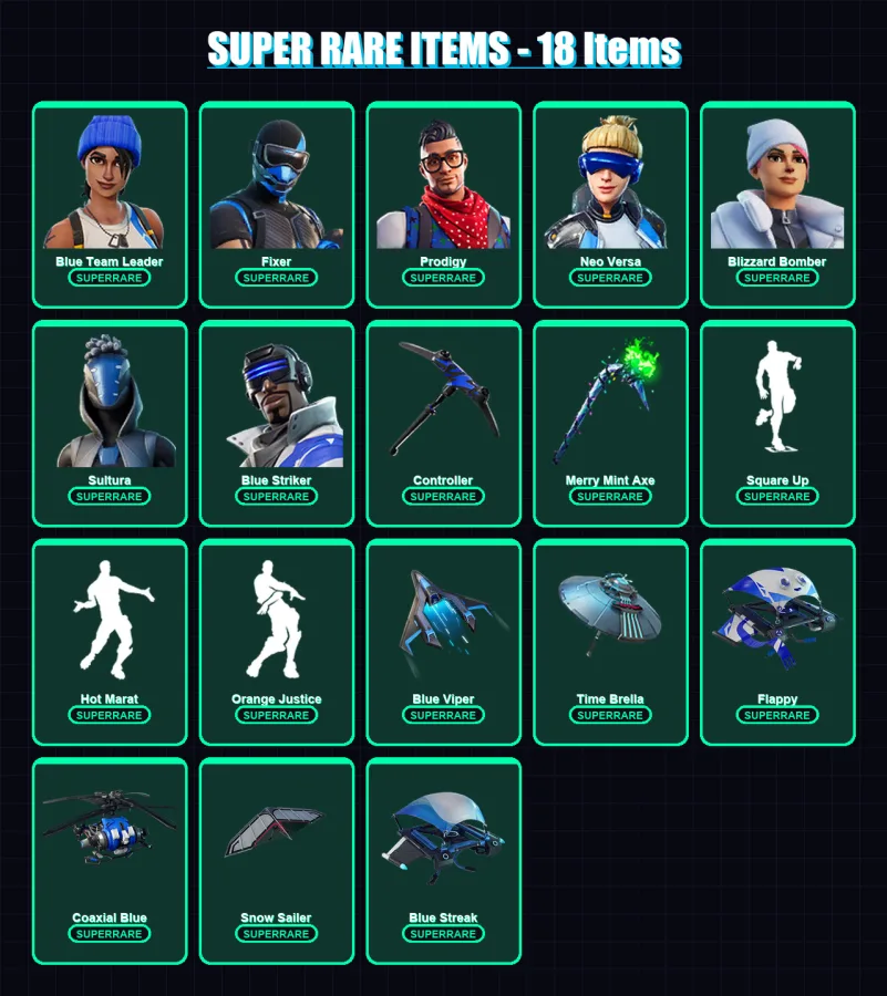 [PS4/PS5/XBOX/PC] | Blue Team Leader | Fixer | Prodigy | Neo Versa | Blizzard Bomber | 97 skin | 135 pickaxe | 110 emote | 128 glider | Lv2187
