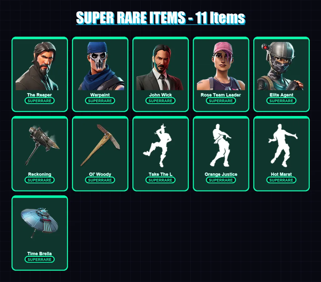 [PC] | The Reaper | Warpaint | John Wick | Rose Team Leader | Elite Agent | 79 skin | 65 pickaxe | 79 emote | 61 glider | Lv761