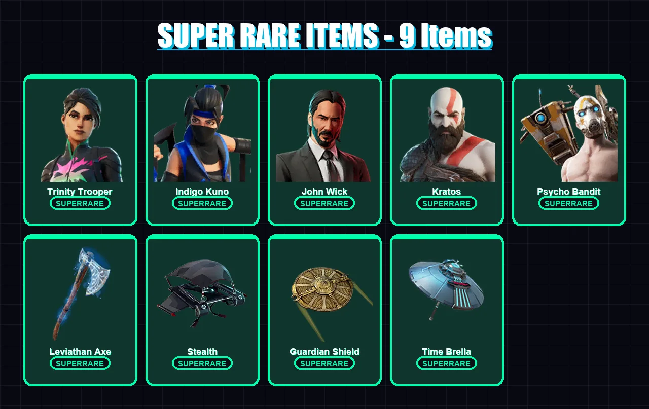 [PC] | Trinity Trooper | Indigo Kuno | John Wick | Kratos | Psycho Bandit | 494 skin | 400 pickaxe | 298 emote | 202 glider | Lv2778