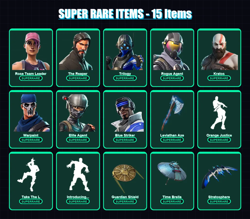 [PS4/PS5/XBOX/PC] | Rose Team Leader | The Reaper | Trilogy | Rogue Agent | Kratos | 161 skin | 142 pickaxe | 127 emote | 128 glider | Lv1825