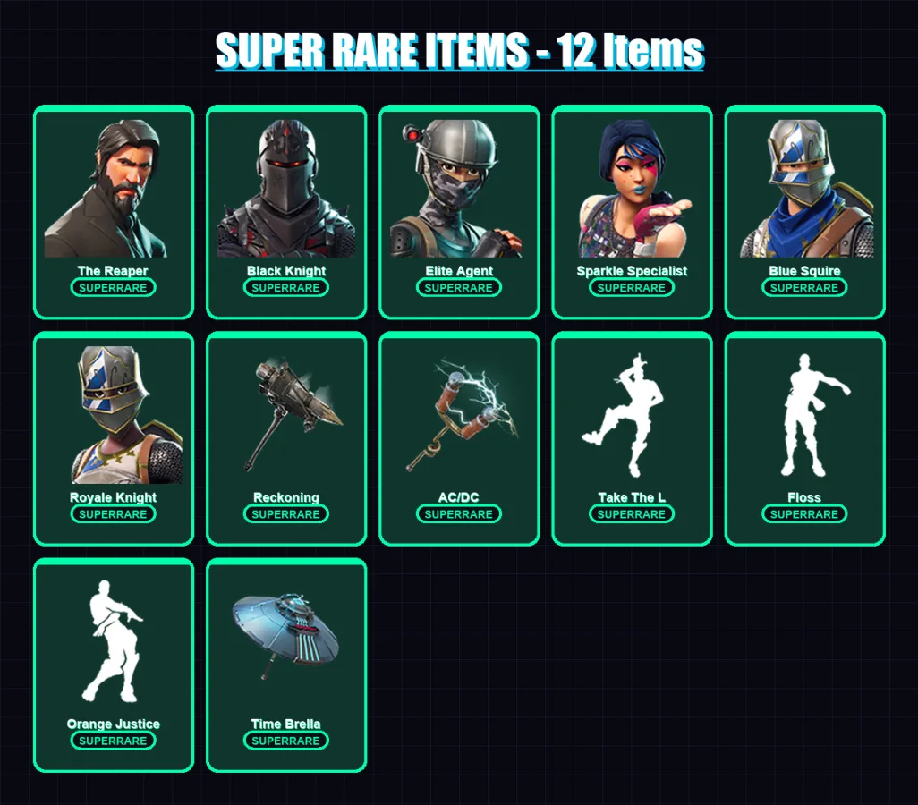[PS4/PS5/XBOX/PC] | The Reaper | Black Knight | Elite Agent | Sparkle Specialist | Blue Squire | 36 skin | 46 pickaxe | 44 emote | 48 glider | Lv730