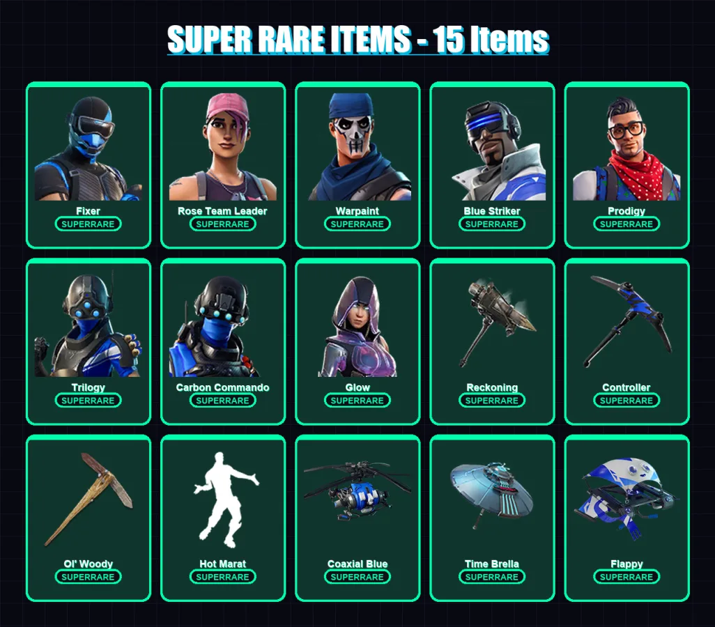 [PS4/PS5/XBOX/PC] | Fixer | Rose Team Leader | Warpaint | Blue Striker | Prodigy | 82 skin | 82 pickaxe | 92 emote | 108 glider | Lv1457