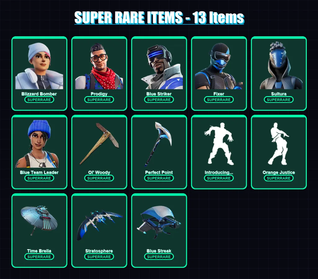 [PS4/PS5/XBOX/PC] | Blizzard Bomber | Prodigy | Blue Striker | Fixer | Sultura | 69 skin | 69 pickaxe | 57 emote | 63 glider | Lv1010