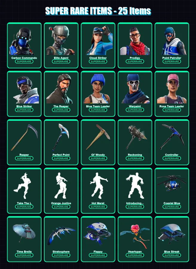 [PC/XBOX] | Carbon Commando | Elite Agent | Cloud Striker | Prodigy | Point Patroller | 203 skin | 211 pickaxe | 169 emote | 142 glider | Lv2223