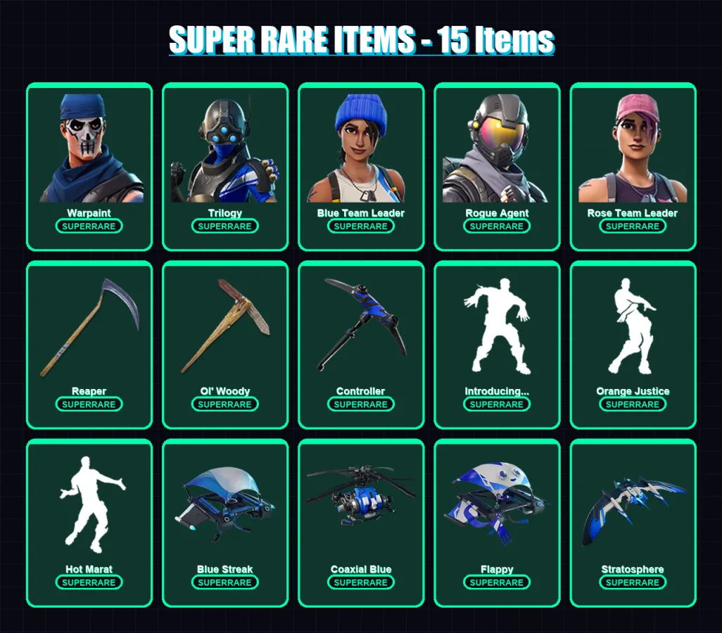 [PC/XBOX] | Warpaint | Trilogy | Blue Team Leader | Rogue Agent | Rose Team Leader | 60 skin | 64 pickaxe | 68 emote | 62 glider | Lv961