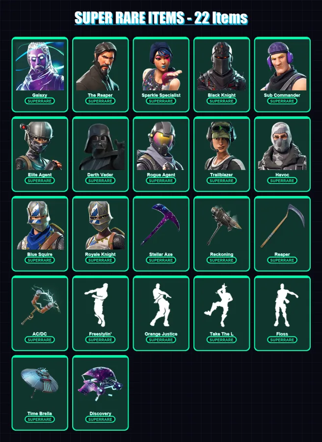 [PC/XBOX/PSN] | Galaxy | The Reaper | Sparkle Specialist | Black Knight | Sub Commander | 137 skin | 114 pickaxe | 82 emote | 77 glider | Lv1130