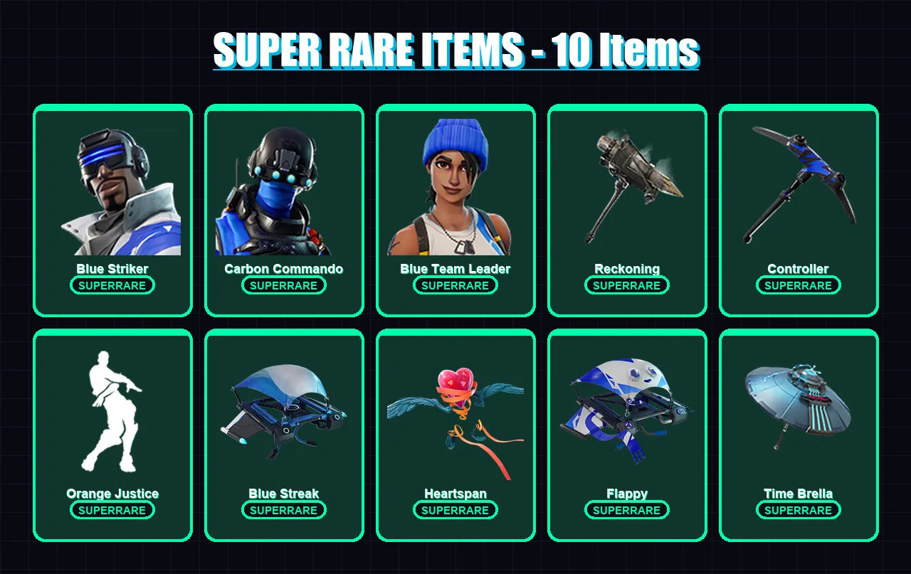 [PS4/PS5/XBOX/PC] | Blue Striker | Carbon Commando | Blue Team Leader | Omega | Hybrid | 38 skin | 31 pickaxe | 41 emote | 50 glider | Lv622