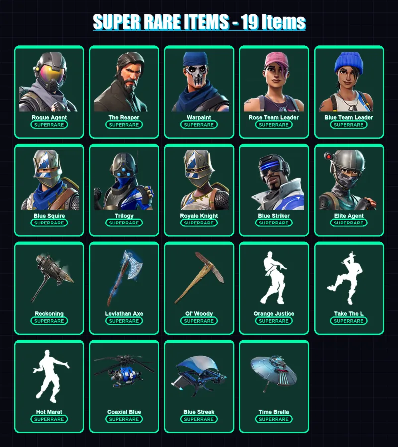 [PC] | Rogue Agent | The Reaper | Warpaint | Rose Team Leader | Blue Team Leader | 109 skin | 139 pickaxe | 130 emote | 130 glider | Lv2294