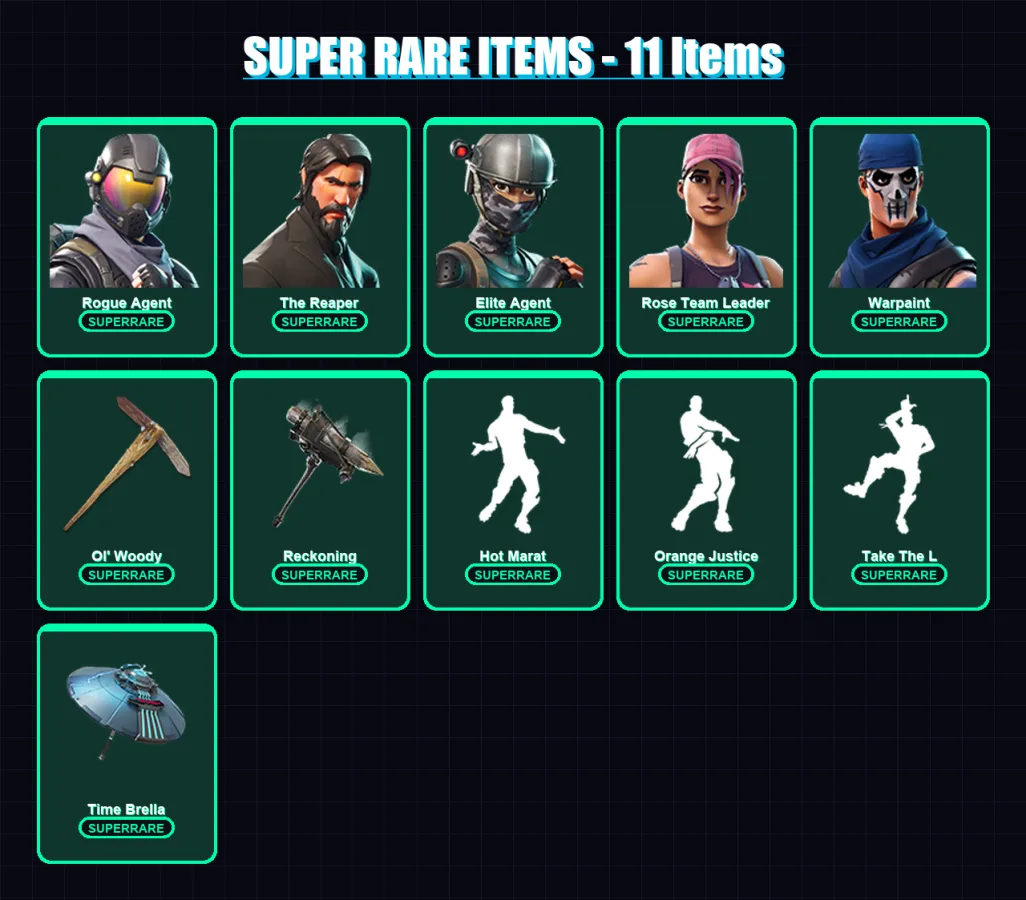 [PC/PSN] | Rogue Agent | The Reaper | Elite Agent | Rose Team Leader | Warpaint | 88 skin | 69 pickaxe | 79 emote | 79 glider | Lv849