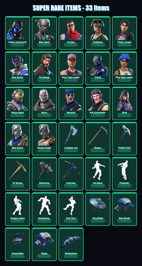 [PC/XBOX/PSN] | Carbon Commando | Elite Agent | Prodigy | Trailblazer | Trinity Trooper | 175 skin | 143 pickaxe | 144 emote | 156 glider | Lv1726