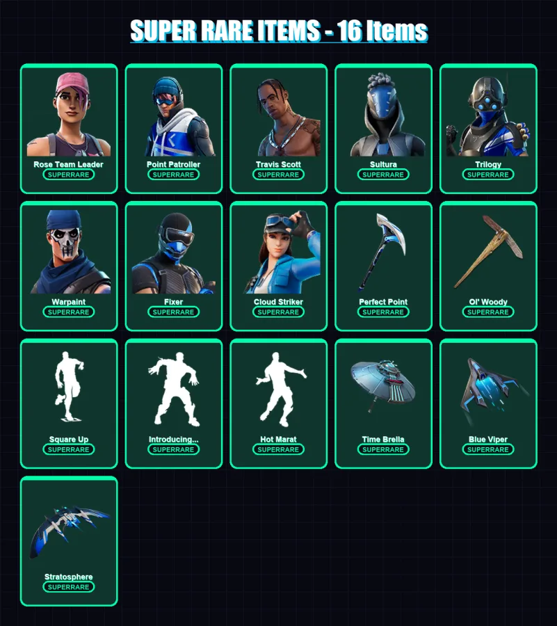 [PC/XBOX] | Rose Team Leader | Point Patroller | Travis Scott | Sultura | Trilogy | 103 skin | 103 pickaxe | 112 emote | 102 glider | Lv1344